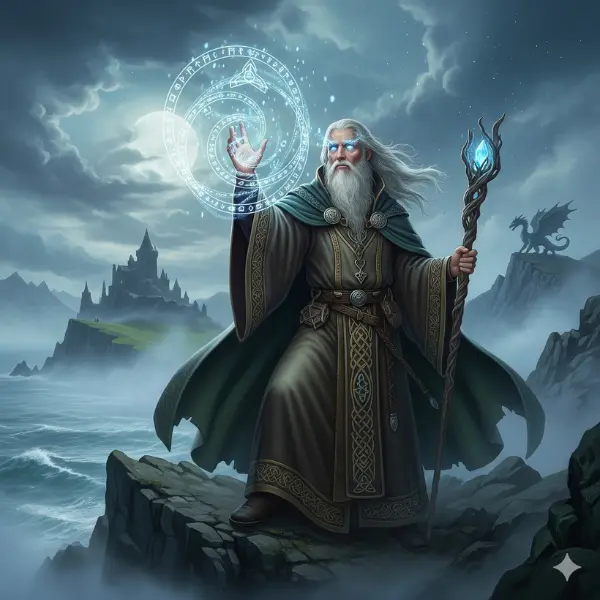 Una representación épica y mística de Merlín el Mago en un entorno celta, con un estilo detallado y que evoca la magia del mito artúrico