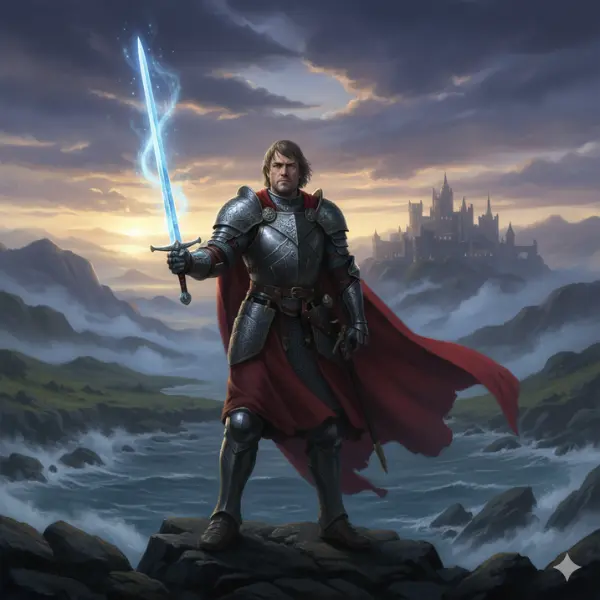 Una ilustración épica del Rey Arturo, vestido con armadura medieval, blandiendo la espada Excalibur en un paisaje dramático que evoca la mitología celta y artúrica.