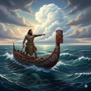 El legendario explorador maorí Kupe en su canoa, navegando hacia una tierra cubierta por una gran nube blanca, simbolizando el descubrimiento de Aotearoa.