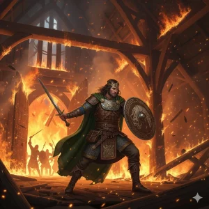 Ilustración épica de El Rey Conaire Mór luchando valientemente en la posada de Da Derga durante su trágico final