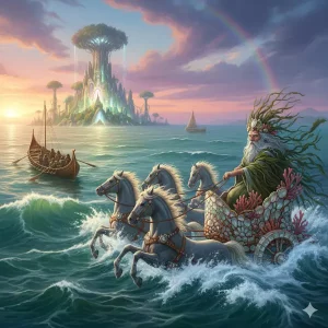 Ilustración mística de El Viaje de Bran, mostrando su barco navegando hacia el Otro Mundo celta