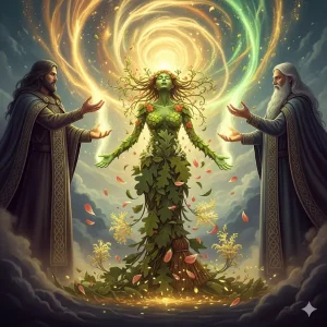 Ilustración mística de La Magia de Math, con Gwydion creando a Blodeuwedd, la mujer de flores