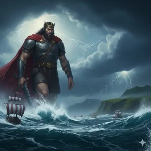 Ilustración épica de La Tragedia de Branwen: el gigante Rey Bran el Bendito cruzando el mar hacia Irlanda