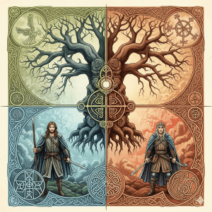 Ilustración simbólica de Las Cuatro Ramas del Mabinogion, mostrando elementos clave de las leyendas galesas