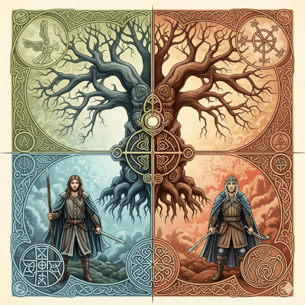Ilustración simbólica de Las Cuatro Ramas del Mabinogion, mostrando elementos clave de las leyendas galesas
