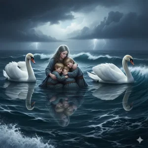 Ilustración conmovedora de Los Hijos de Lir, mostrando cuatro cisnes en un mar tormentoso con los reflejos de los niños