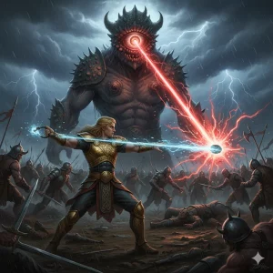 Ilustración épica y detallada de la Batalla de Mag Tuired: el joven héroe celta Lugh Lámfada disparando su honda contra el gigante Balor del Ojo Maligno