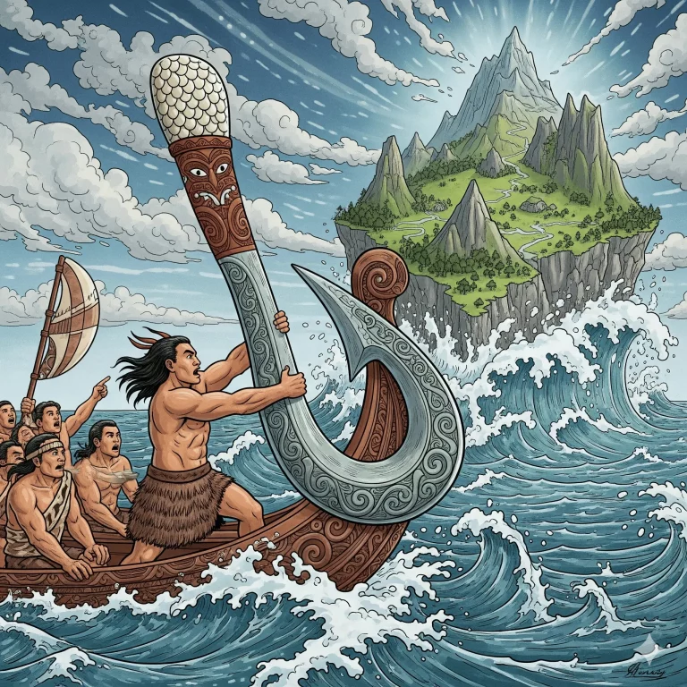 Ilustración del mito del Gran Pescado Maorí: el semidiós Māui pescando la Isla Norte