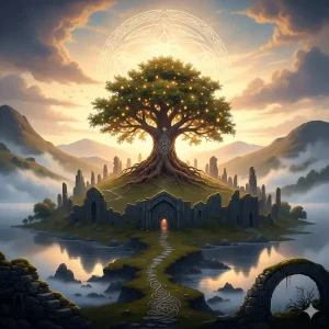 Representación épica y mística de la Isla de Avalon, una tierra sagrada y brumosa con un árbol de manzanas de oro, evocando la magia celta y el mito artúrico.