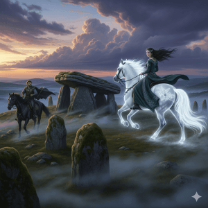 "Ilustración épica y ambientada de La Leyenda de Pwyll, mostrando a Rhiannon majestuosa sobre su caballo blanco volador, con Pwyll observando desde un místico círculo de piedras.