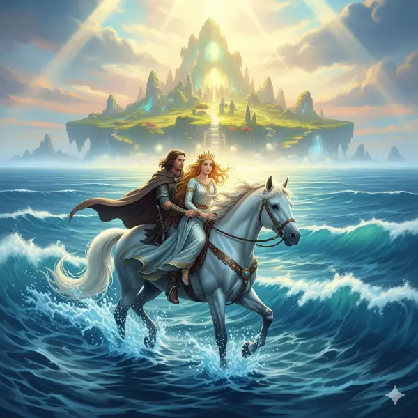 Ilustración mística de Oisín y Niamh de la Cabeza Dorada cabalgando hacia Tír na n'Óg la Tierra de la Juventud