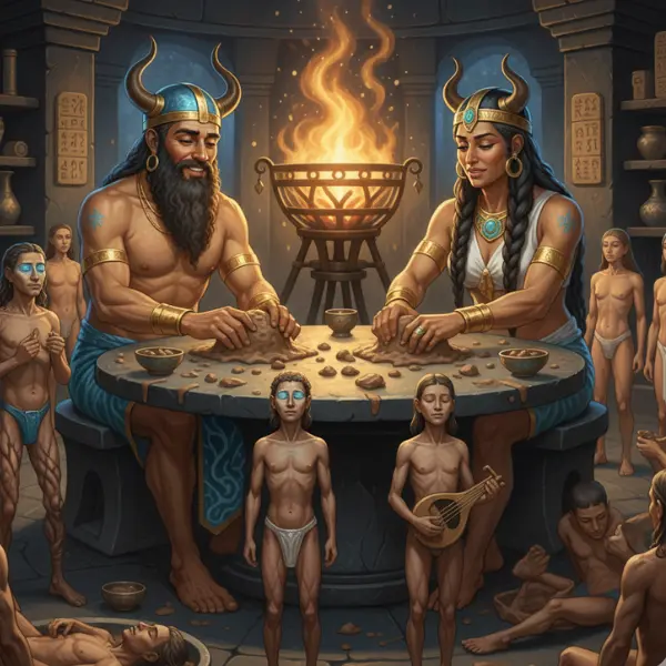 Creación Defectuosa Enki y el Error Creación defectuosa Enki y el Error: Dioses Enki y Ninmah creando humanos