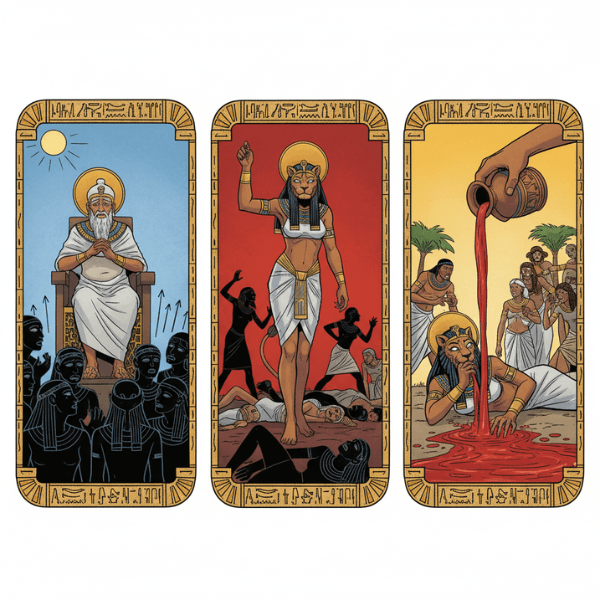 Ilustración épica del Mito Sekhmet destrucción, mostrando a la diosa leona Sekhmet cayendo en el sueño tras beber la cerveza roja.