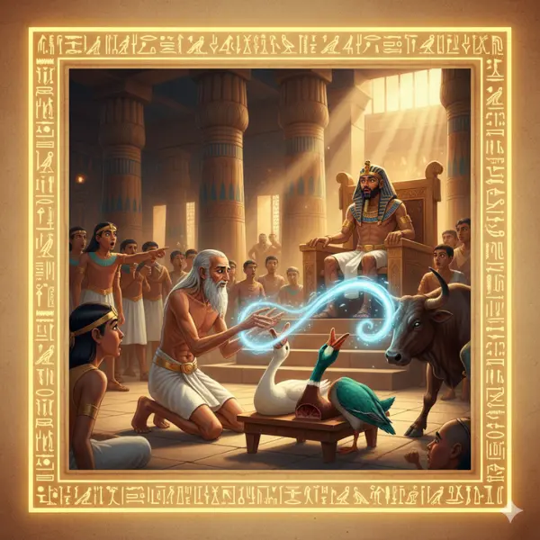 Ilustración educativa del Papiro Westcar Cuentos Magos, mostrando al Faraón Keops y el mago Djedi realizando prodigios