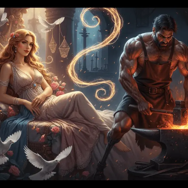 Imagen épica de Afrodita con Hefesto en la forja, representando amor y pasión y el contraste de la imperfección.