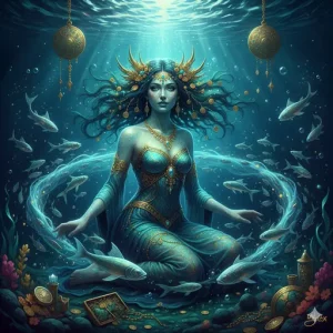 Una escena épica, submarina y mágica que representa a Ahti, La Madre del Agua del Mito Fino-Úgrico de Ahti. Ella está sentada majestuosamente en el fondo de un lago o mar oscuro y profundo. Su cabello es de algas marinas bioluminiscentes y está adornado con el oro de antiguos tesoros hundidos (monedas, joyas). A su alrededor, el agua fluye con un resplandor etéreo. Su expresión es serena pero poderosa, simbolizando la calma de las profundidades y la fluidez emocional. Estilo detallado, con una fuerte paleta de azules profundos, verdes esmeralda y toques dorados, evocando un gran potencial viral.