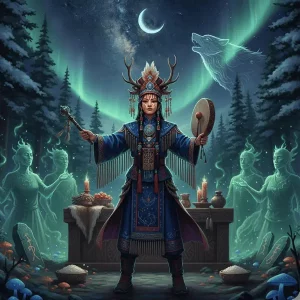 Ilustración épica de un chamán Manchú realizando un rito con vestimentas tradicionales, simbolizando el Chamanismo Manchú conexión ancestros y la sabiduría tradicional.