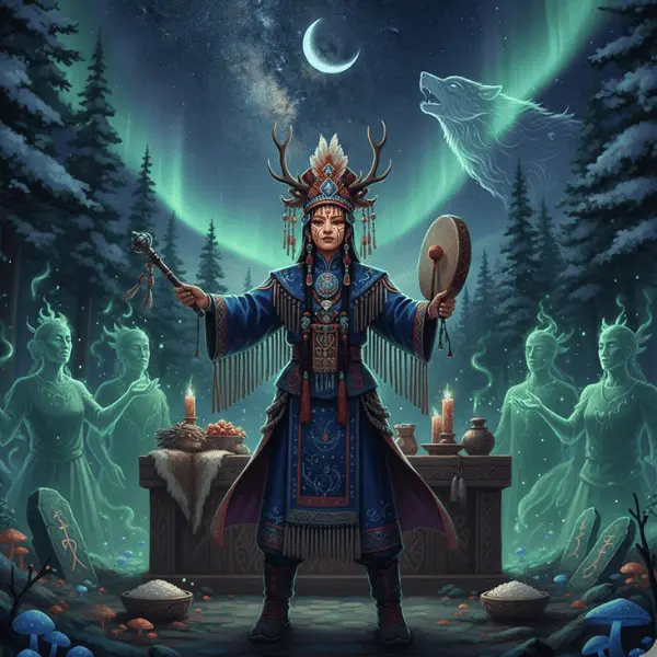 Ilustración épica de un chamán Manchú realizando un rito con vestimentas tradicionales, simbolizando el Chamanismo Manchú conexión ancestros y la sabiduría tradicional.