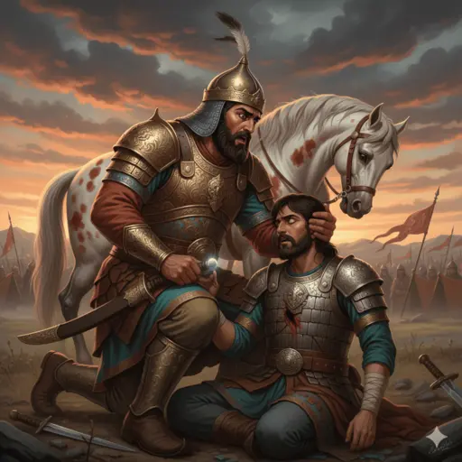 Duelo trágico entre Rostam y Sohrab, ilustrando el Mito de Rostam y Sohrab de la épica persa.