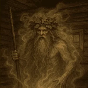 El Espíritu del Sauna (Saunatonttu) supervisando la purificación y el renacimiento interno en un sauna finlandés tradicional.