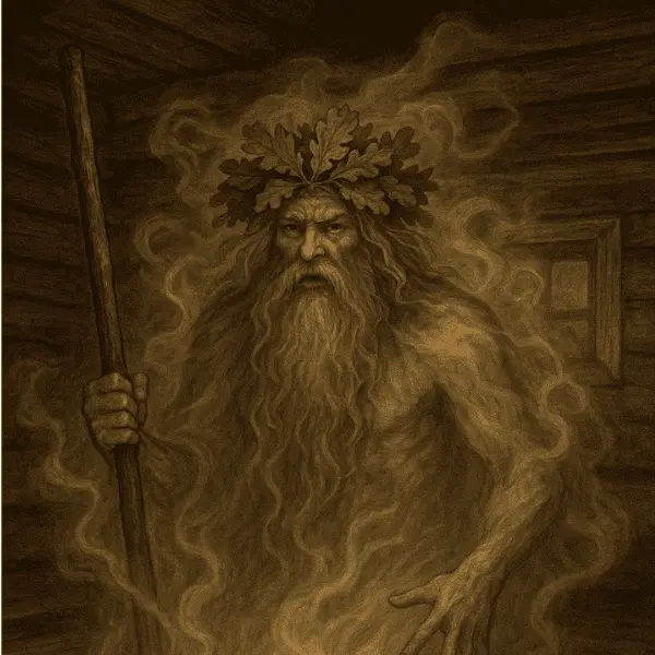 El Espíritu del Sauna (Saunatonttu) supervisando la purificación y el renacimiento interno en un sauna finlandés tradicional.