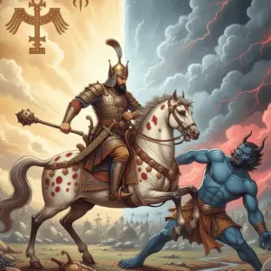 Una imagen épica y dramática, inspirada en las miniaturas persas clásicas, pero con un estilo moderno de alta definición y potencial viral. Representa al héroe Rostam montando su legendario caballo, Rakhsh, en medio de uno de sus Siete Trabajos. El cielo está dividido dramáticamente en una luz brillante (Zoroastrismo/Ahura Mazda) y una oscuridad amenazante (Ahrimán). Rostam lleva una armadura ornamentada persa, y su pose es heroica y concentrada.