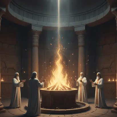 Representación épica del Fuego Sagrado (Atar) como centro de Purificación y el Culto Persa zoroastriano.