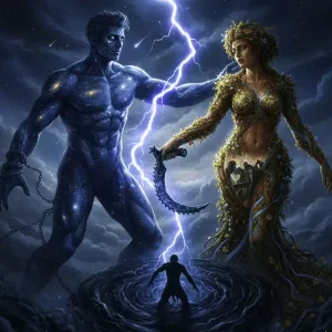 Imagen épica y detallada de Gea (Tierra) y Urano (Cielo) representando la Gea y Urano: La Teogonía y el origen del caos.