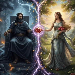 Imagen épica de Hades en su trono con Perséfone, representando la muerte y transformación y la dualidad del Inframundo.