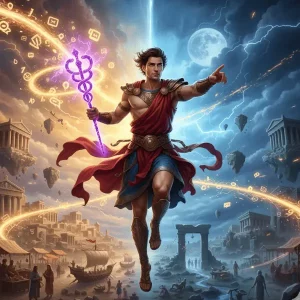 Hermes El Mensajero, Conexión y la Agilidad de la Comunicación Estratégica Imagen épica de Hermes volando con sandalias aladas y caduceo, simbolizando la conexión y la comunicación estratégica.