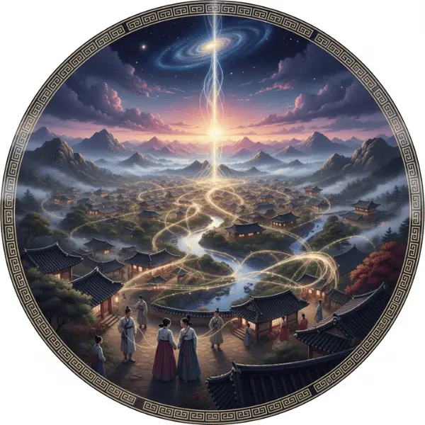 Ilustración épica del concepto In-yeon conexiones predestinadas, mostrando una red invisible de personas conectadas por hilos kármicos y destino en un ambiente tradicional coreano.