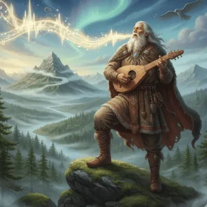 La Leyenda de Väinämöinen Ilustración épica de Väinämöinen poder creación vocal, con su kantele, dando forma al paisaje finlandés con su canto y rodeado de elementos míticos del Kalevala.