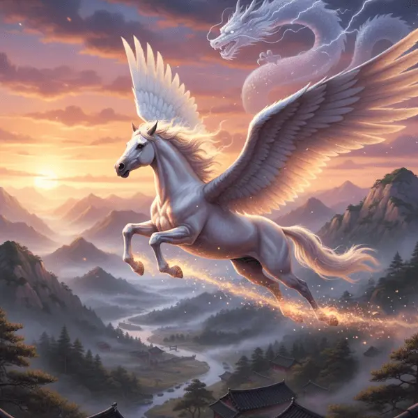 Ilustración épica del Chollima velocidad espiritual, un caballo alado mítico volando sobre paisajes coreanos antiguos.