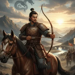 Ilustración épica de Jumong héroe fundador liderazgo, con su arco, caballo y el paisaje que evoca la fundación de Goguryeo.