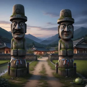 Ilustración de Jangseung protección cultural coreana, figuras de madera talladas en la entrada de una aldea antigua, con detalles que evocan protección y tradición.