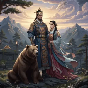 La Parábola de Tangun y el Oso Épica imagen de Tangun con elementos culturales coreanos, simbolizando el Tangun origen nación coreana