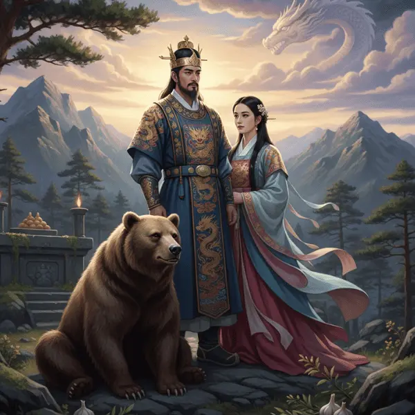 Épica imagen de Tangun con elementos culturales coreanos, simbolizando el Tangun origen nación coreana