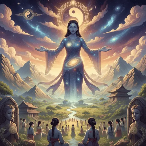 Ilustración épica de la Diosa Mago poder femenino, una figura ancestral de Corea, con elementos de creación cósmica y un ambiente matriarcal.