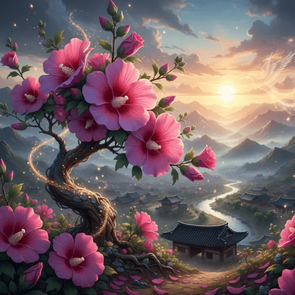 Ilustración épica de la Flor Hibisco Mugunghwa perseverancia, mostrando la flor como un símbolo nacional con fondo de paisajes coreanos.