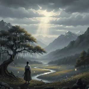 Representación artística del Han coreano resiliencia emocional, mostrando un paisaje con elementos de melancolía y esperanza en la cultura coreana.