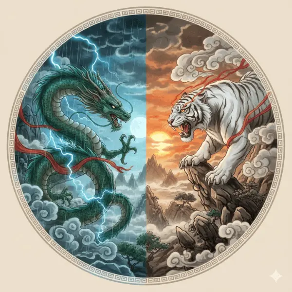 Ilustración épica del Tigre y Dragón dualidad armonía en lucha/equilibrio, simbolizando el Yin-Yang y las fuerzas opuestas.
