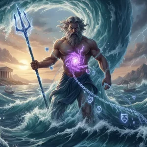 Poseidón Emociones Ocultas y la Fuerza de la Naturaleza Interna Imagen épica de Poseidón con tridente emergiendo del mar, simbolizando las emociones ocultas y la fuerza de la naturaleza.