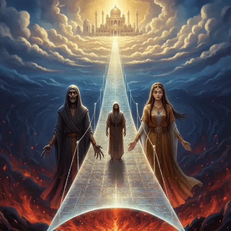 Representación épica del Puente de Chinvat en el zoroastrismo, donde ocurre el Juicio del Alma.