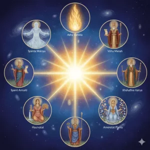 Representación simbólica de los Amesa Spenta, los Siete Aspectos Benefactores de Ahura Mazda en el Zoroastrismo. Representación simbólica de los Amesa Spenta, los Siete Aspectos Benefactores de Ahura Mazda en el Zoroastrismo.