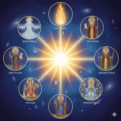 Representación simbólica de los Amesa Spenta, los Siete Aspectos Benefactores de Ahura Mazda en el Zoroastrismo.