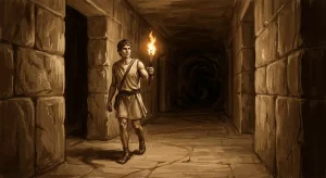 Teseo en el laberinto de Knossos Teseo caminando por un pasadizo de piedra oscura con una antorcha y siguiendo el hilo de azafrán