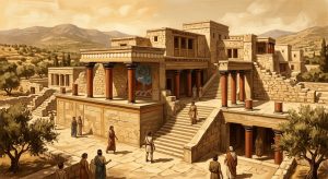 palacio-de-knossos-vista-exterior.webp Gran Palacio de Knossos en Creta con columnas rojas minoicas y la acrópolis al fondo