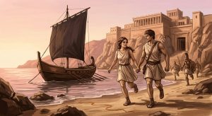 Huida de Teseo y Ariadna de Creta Teseo y Ariadna corriendo hacia un barco de velas negras en la costa de Creta