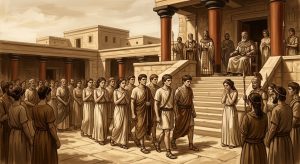 tributo-jovenes-atenienses-minotauro.webp Procesión de siete jóvenes y siete doncellas atenienses conducidos ante el rey Minos para el sacrificio